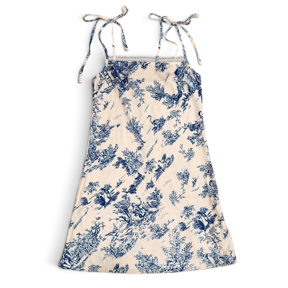 Cider Toile De Jouy Mini Dress Blue Cream Tie Strap Lace Trim Satin Womens Small